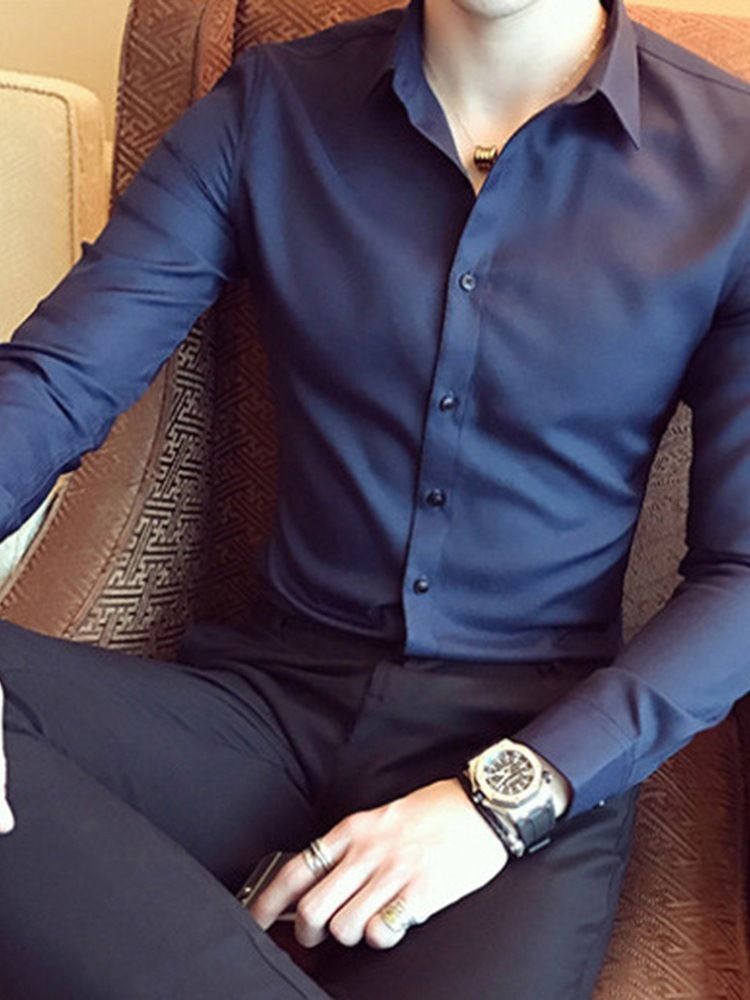 Casual Lapel Enkelfärgad Enkelknäppt Herrskjorta