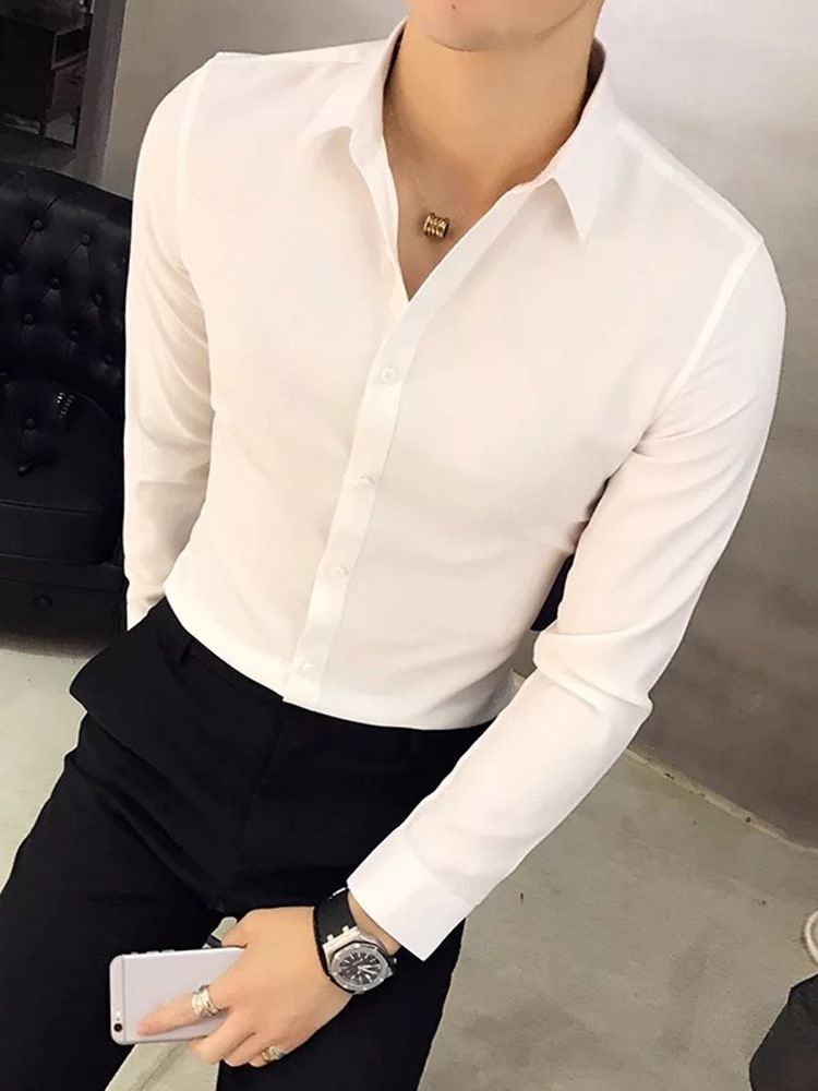 Casual Lapel Enkelfärgad Enkelknäppt Herrskjorta