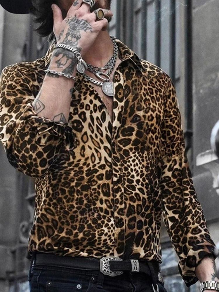 Casual Lapel Leopard Slim Shirt För Män
