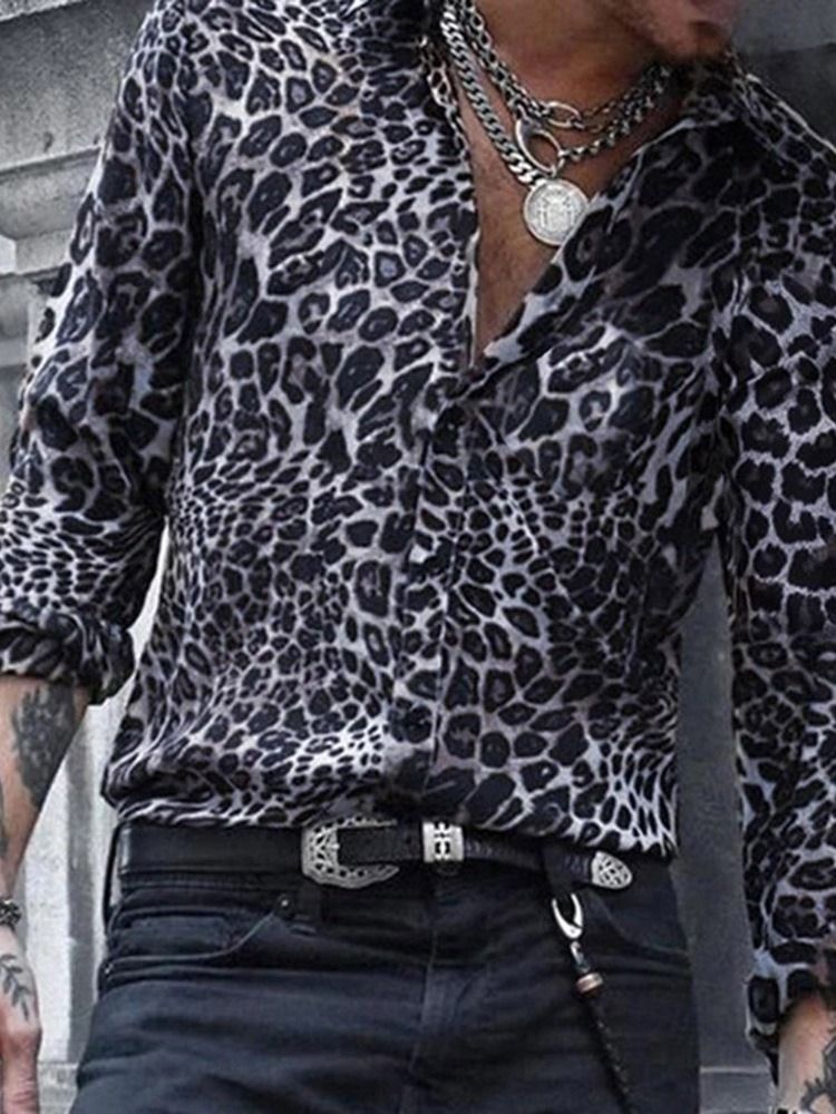 Casual Lapel Leopard Slim Shirt För Män