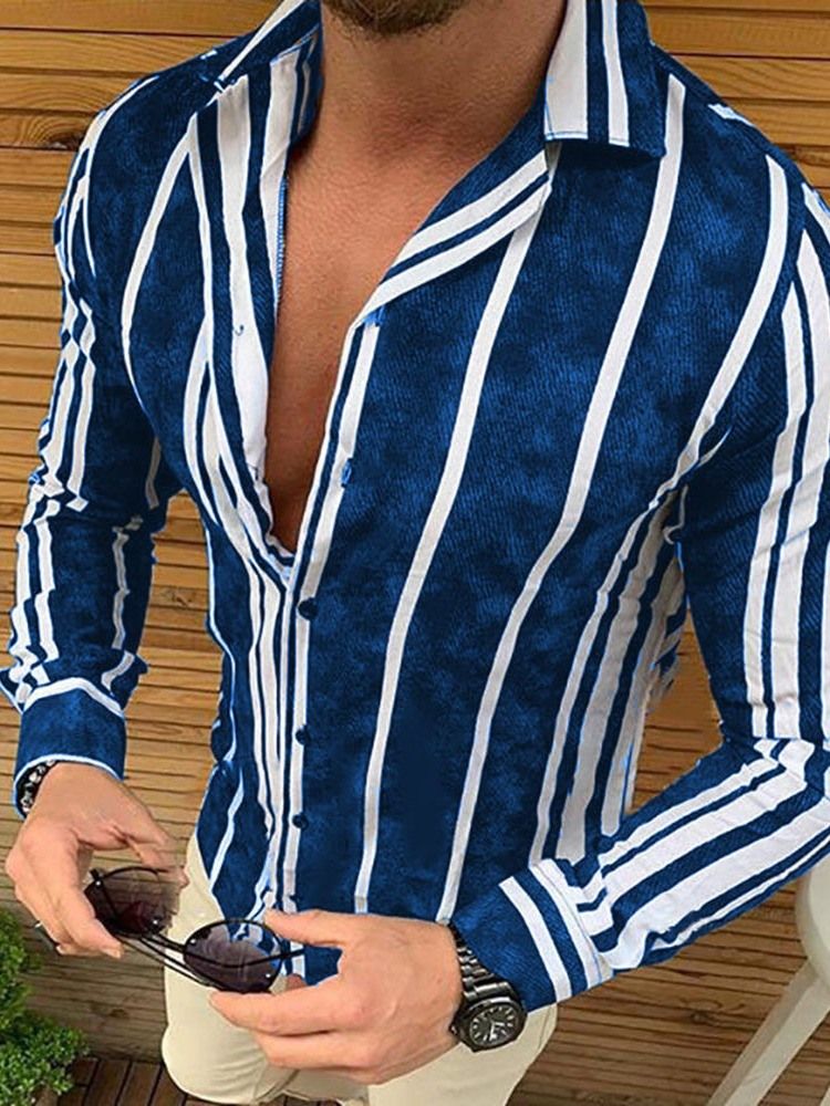 Casual Lapel Stripe Enkelknäppt Slimmad Skjorta För Män