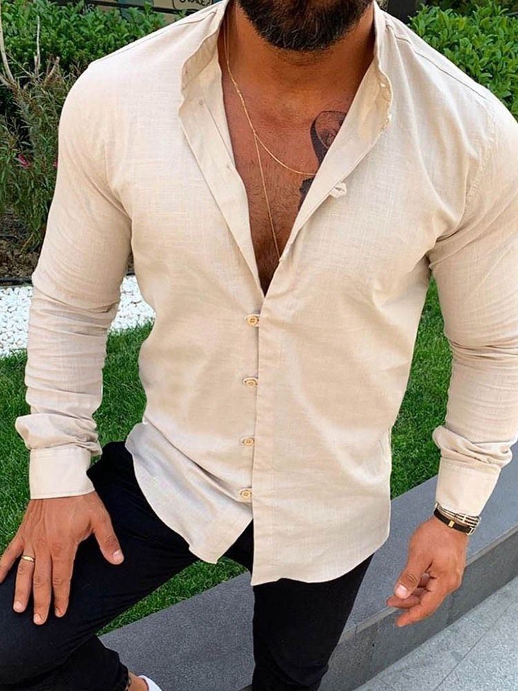 Casual Plain Stand Collar Herr Sommarskjorta