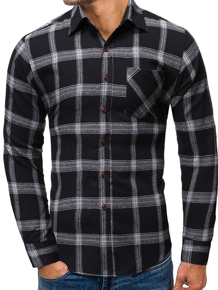 Casual Pocket Pläd Enkelknäppt Vårskjorta För Män