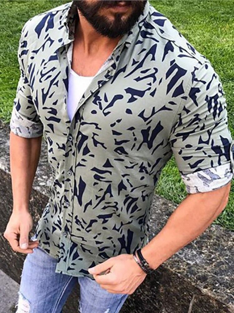 Casual Print Lapel Button Slim Shirt För Män