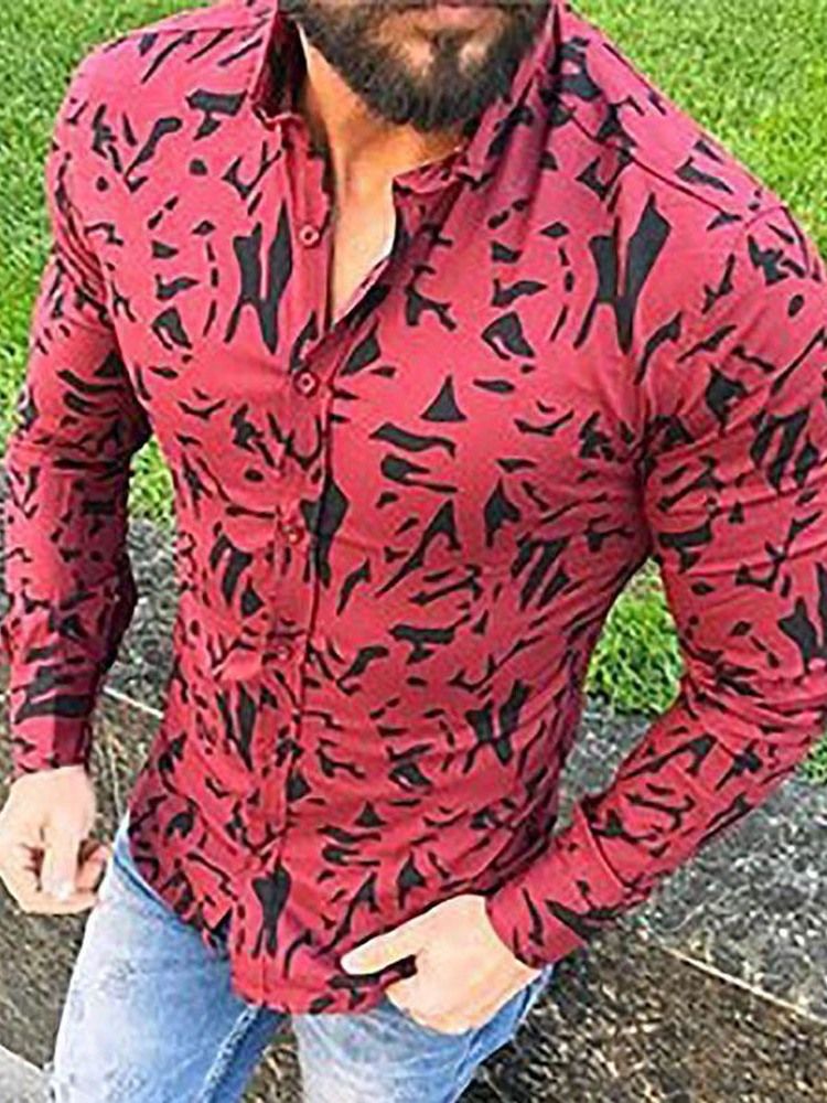 Casual Print Lapel Button Slim Shirt För Män