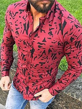 Casual Print Lapel Button Slim Shirt För Män