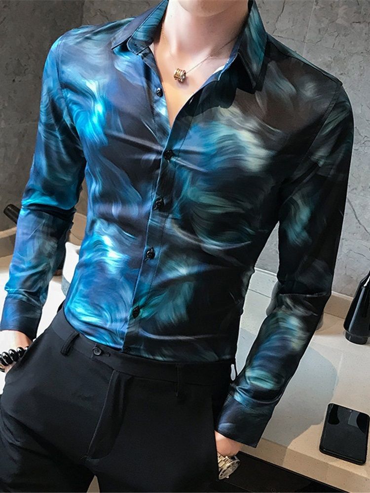 Casual Print Lapel Enkelknäppt Herrskjorta