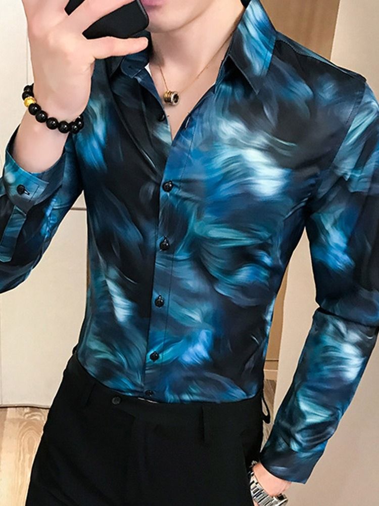 Casual Print Lapel Enkelknäppt Herrskjorta
