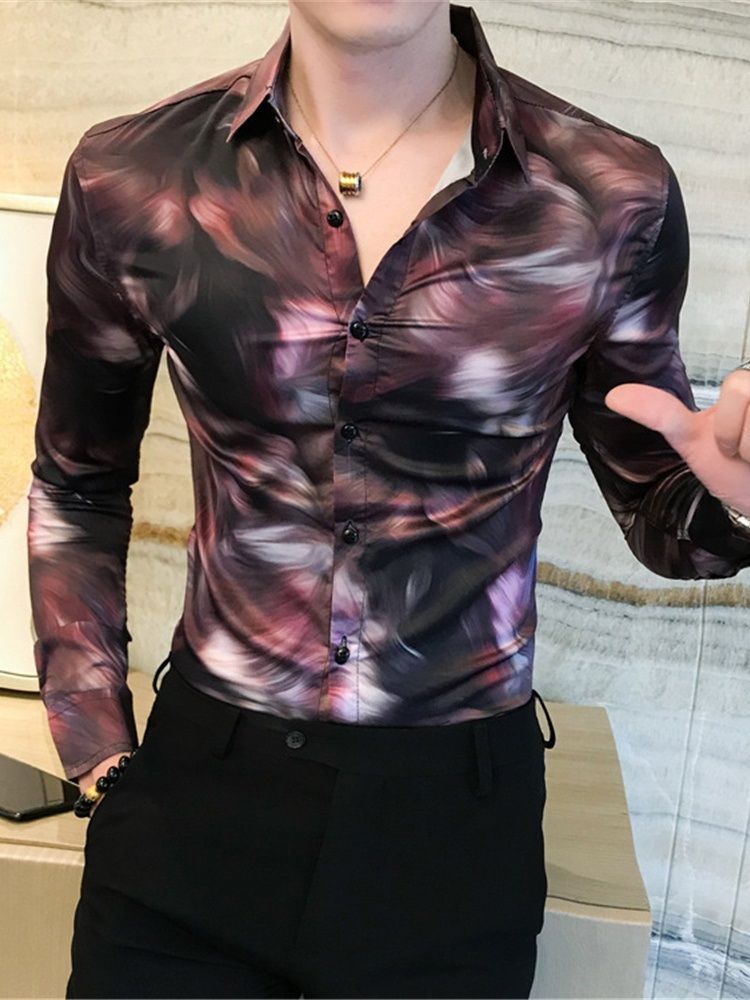 Casual Print Lapel Enkelknäppt Herrskjorta