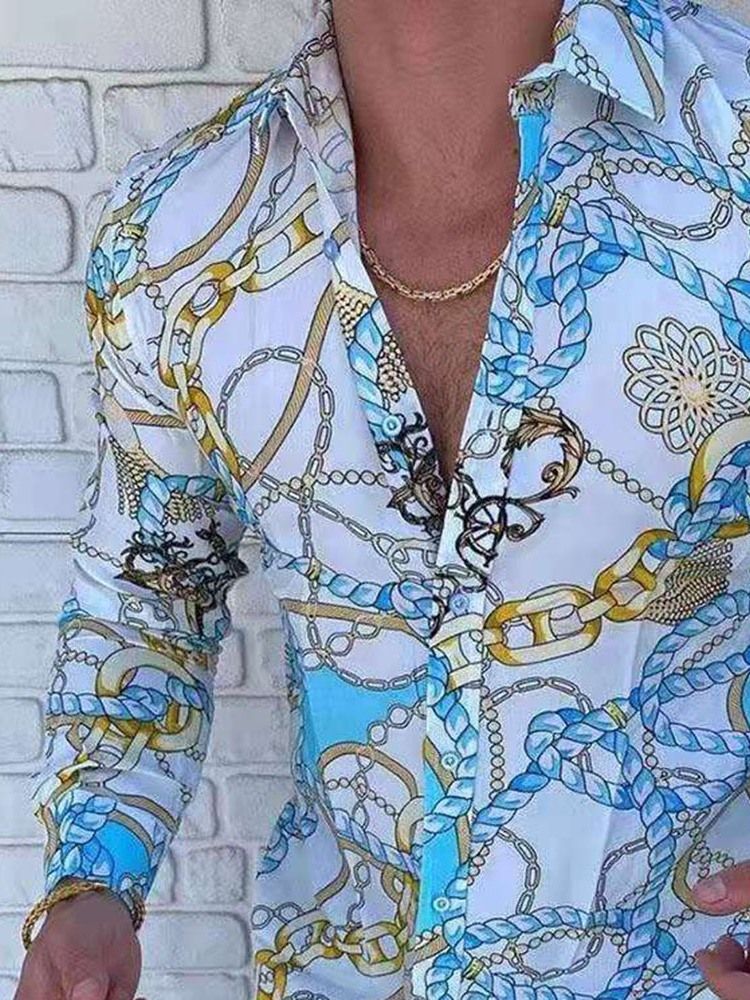 Casual Print Lapel Enkelknäppt Slim Shirt För Män