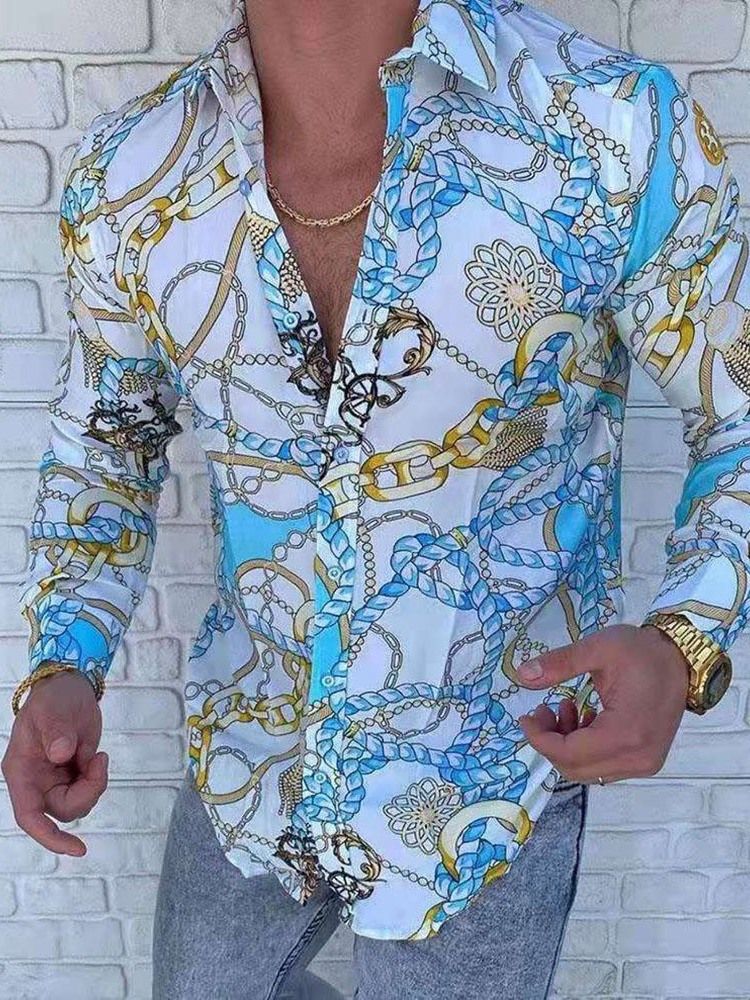 Casual Print Lapel Enkelknäppt Slim Shirt För Män