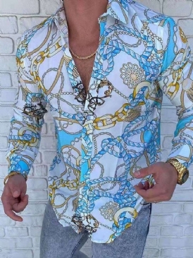 Casual Print Lapel Enkelknäppt Slim Shirt För Män