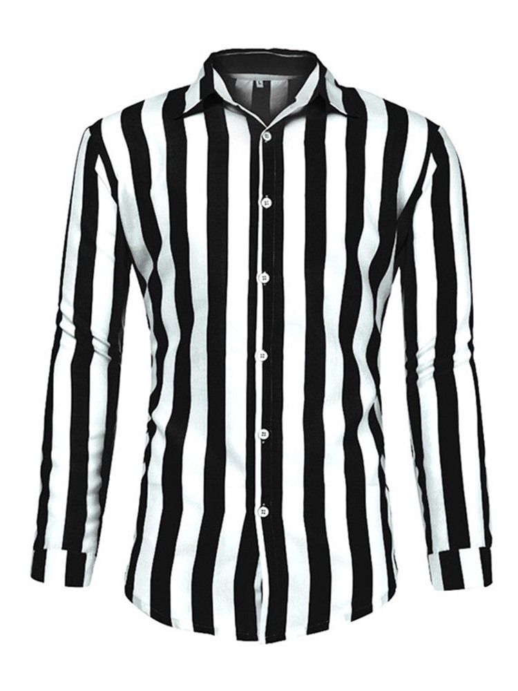 Casual Stripe Print Lapel Slim Shirt För Män