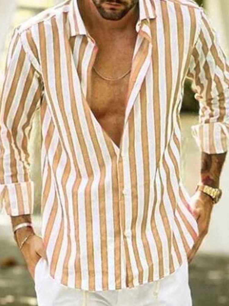 Casual Stripe Print Lapel Slim Shirt För Män