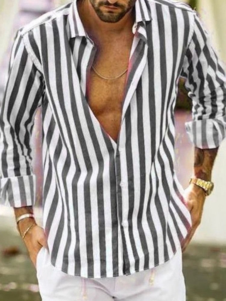 Casual Stripe Print Lapel Slim Shirt För Män