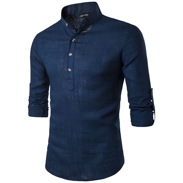 Ericdess Plain Stand Collar Pullover Slim Fit Herrskjortor