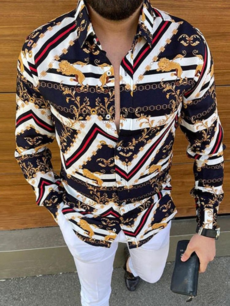 European Print Lapel Fall Enkelknäppt Casual Shirt