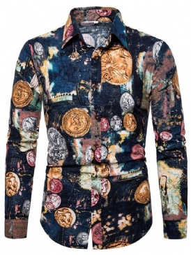 European Print Lapel Slim Spring Shirt För Män