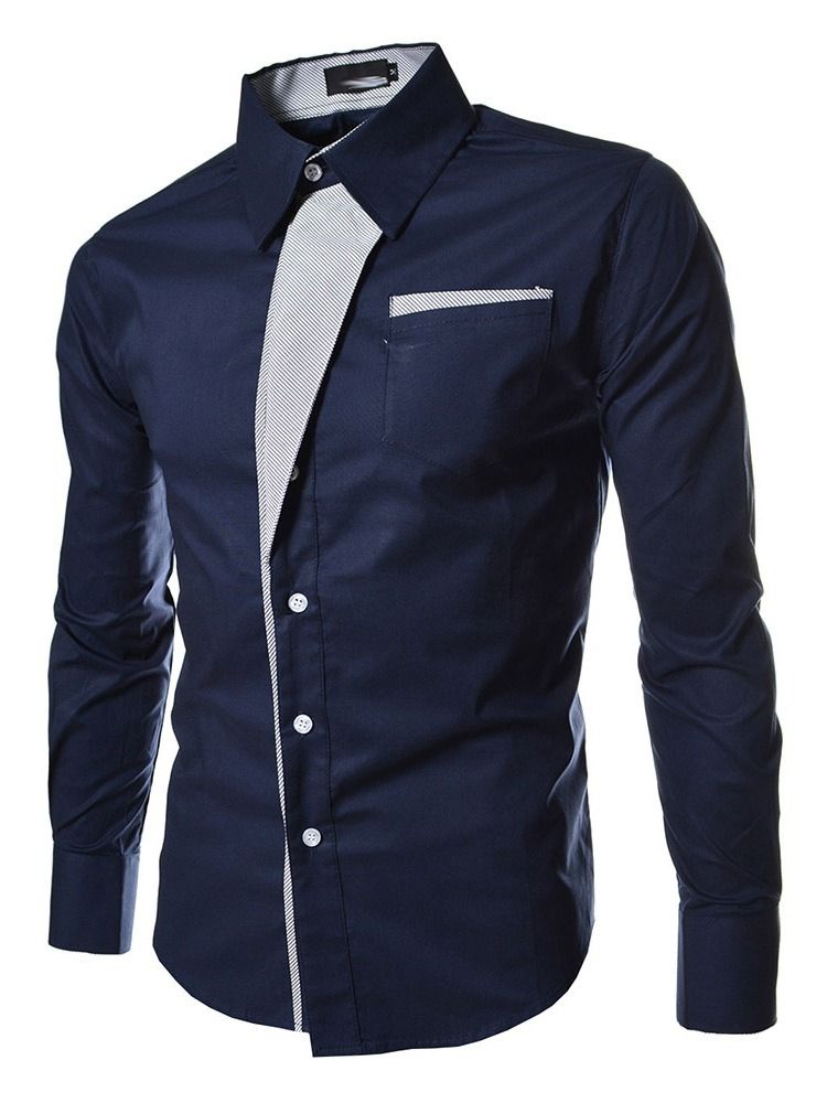Färgblock Casual Patchwork Slim Höstskjorta