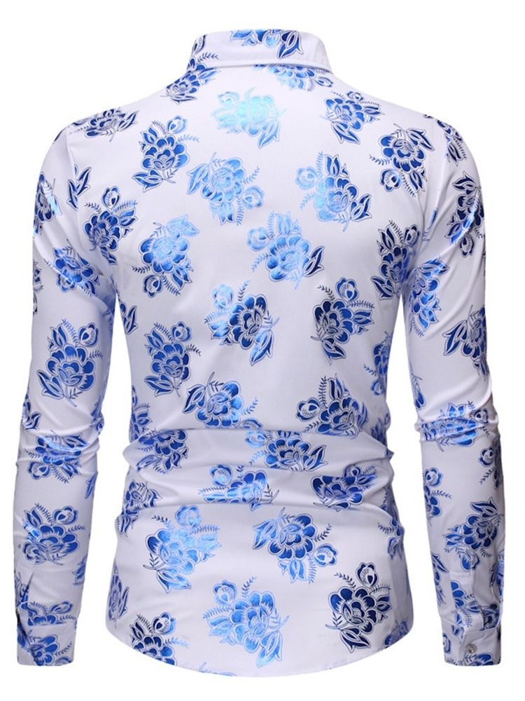 Färgblock Print Button Lapel Slim Shirt För Män