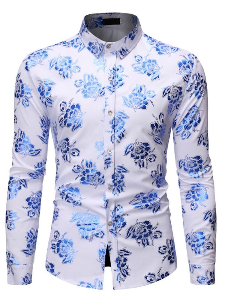Färgblock Print Button Lapel Slim Shirt För Män