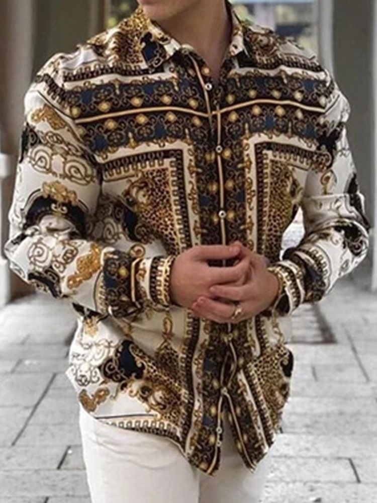 Geometrisk Lapel Casual Lös Skjorta För Män