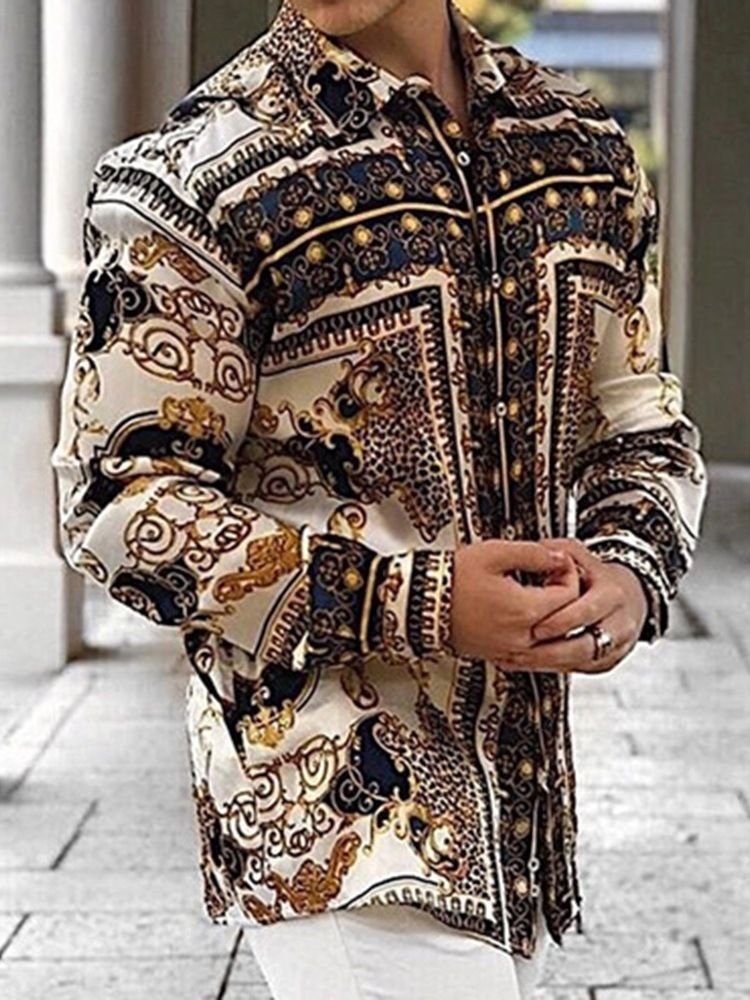 Geometrisk Lapel Casual Lös Skjorta För Män