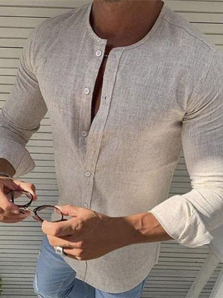 Knapp Casual Standkrage Smal Enkelknäppt Herrskjorta