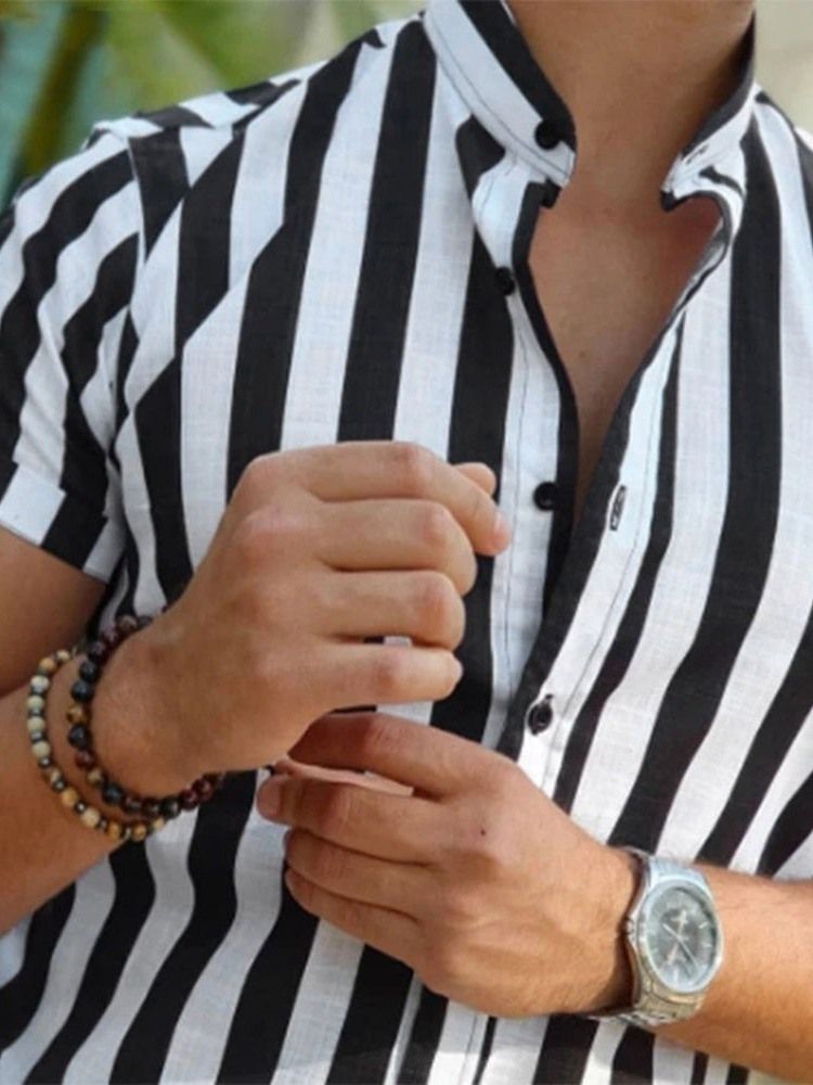 Knapp Casual Stripe Micro-Elastic Slim-Skjorta För Män