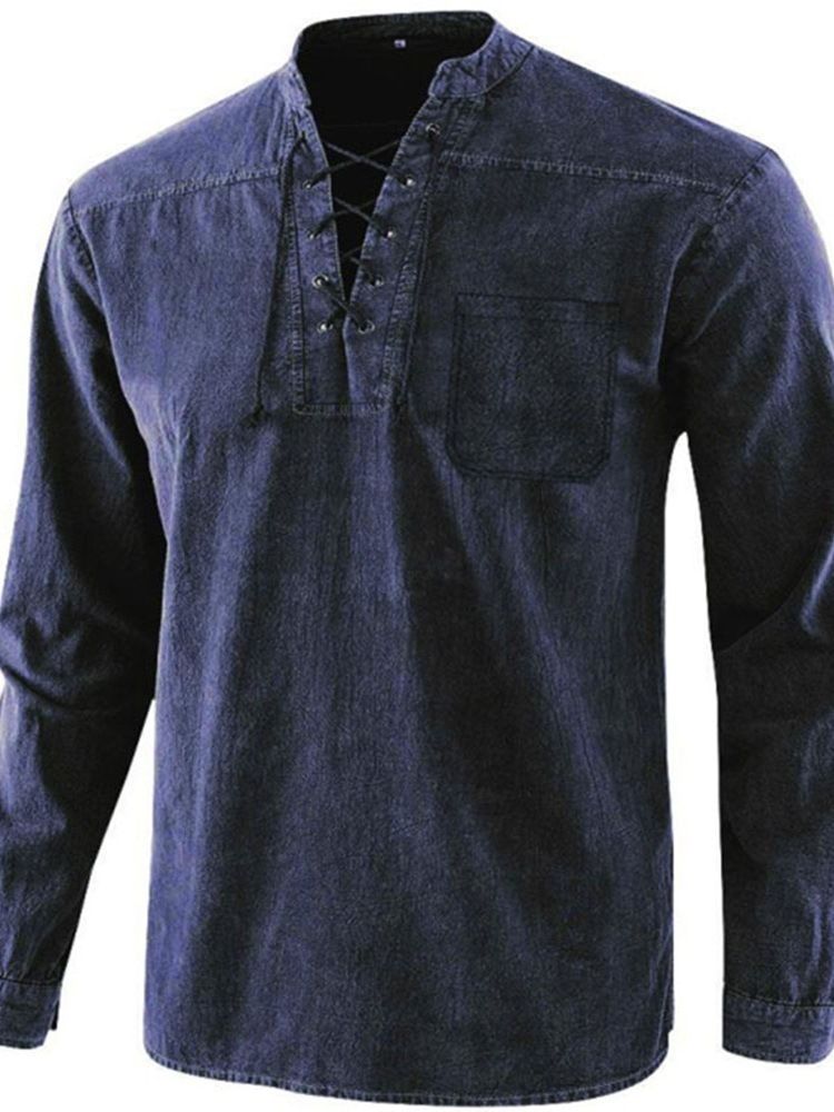 Lace-Up Plain England Loose Fall Shirt
