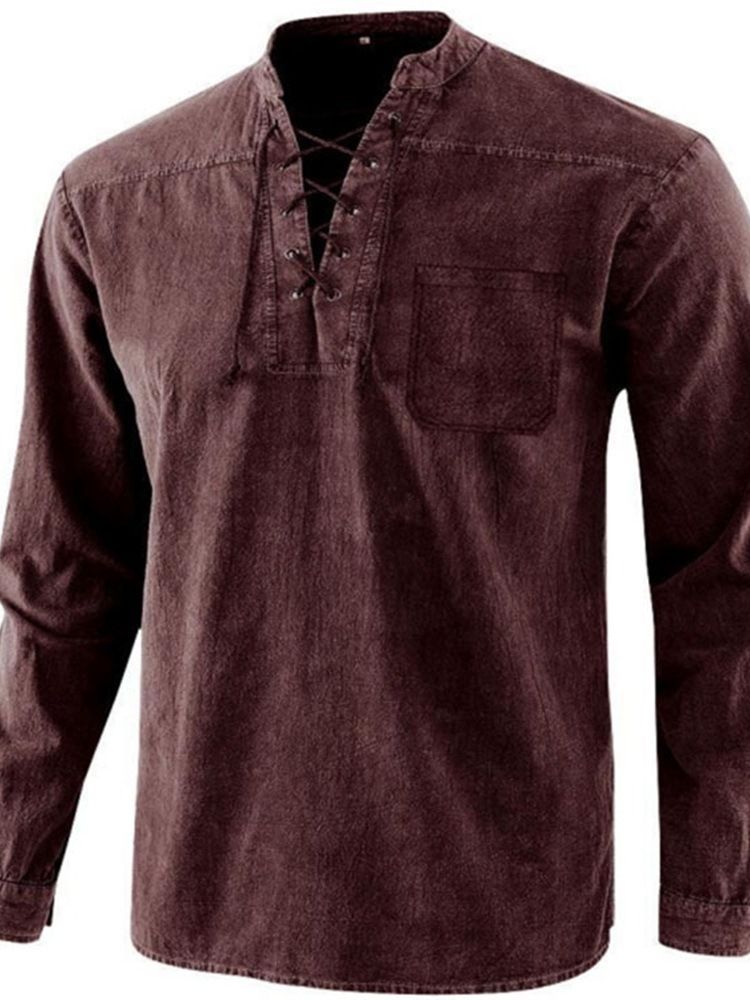 Lace-Up Plain England Loose Fall Shirt
