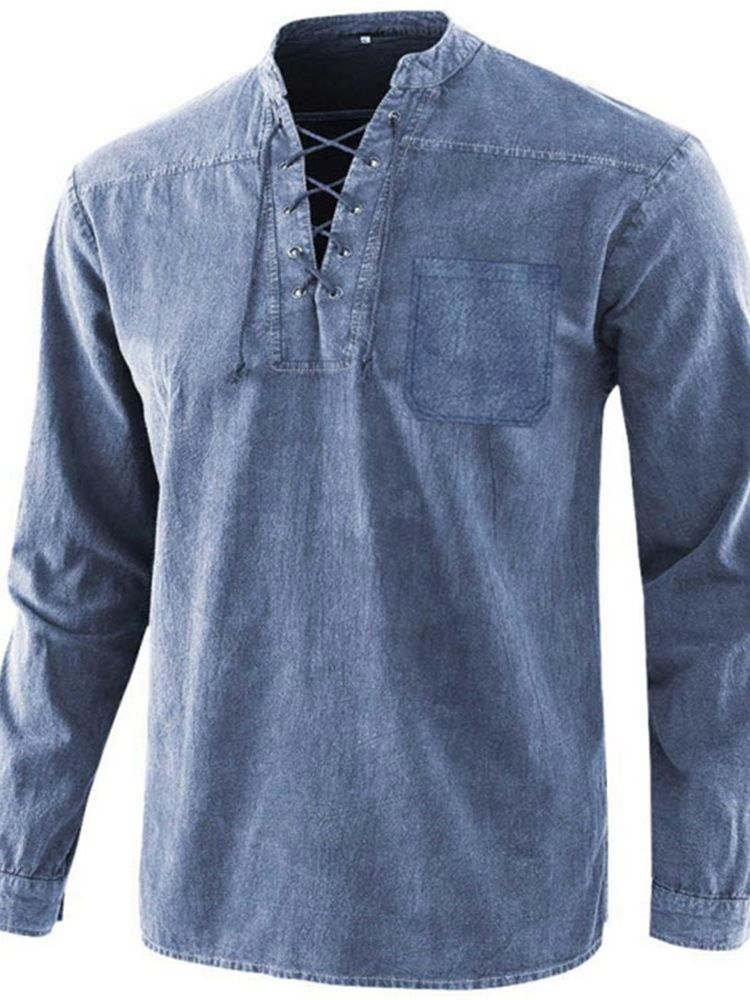 Lace-Up Plain England Loose Fall Shirt