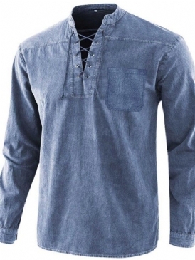 Lace-Up Plain England Loose Fall Shirt