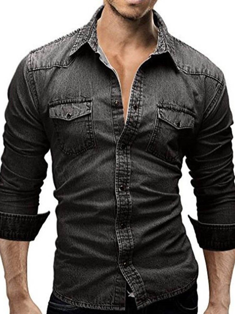 Långärmad Pocket Denim Slim Herrskjorta