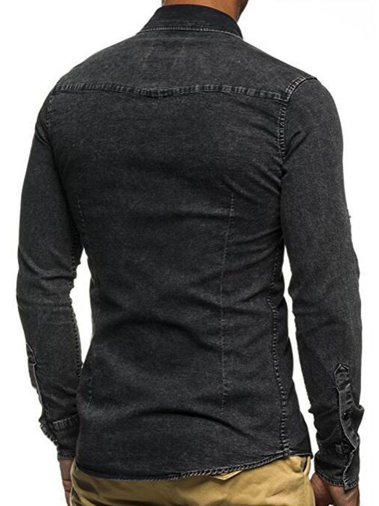 Långärmad Pocket Denim Slim Herrskjorta