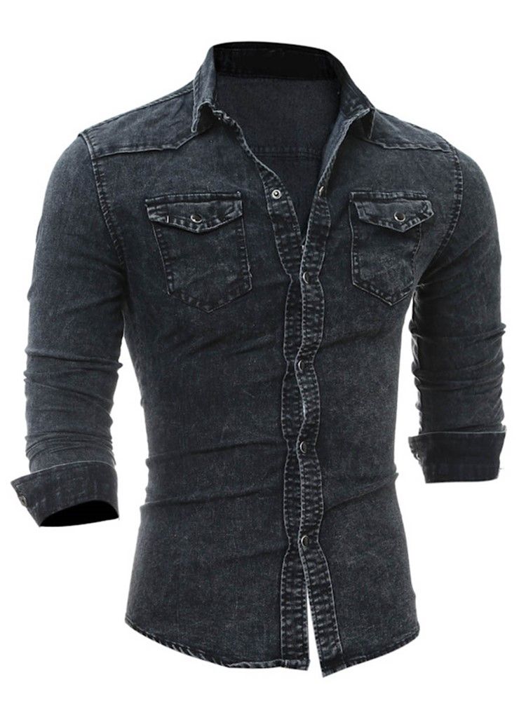 Långärmad Pocket Denim Slim Herrskjorta