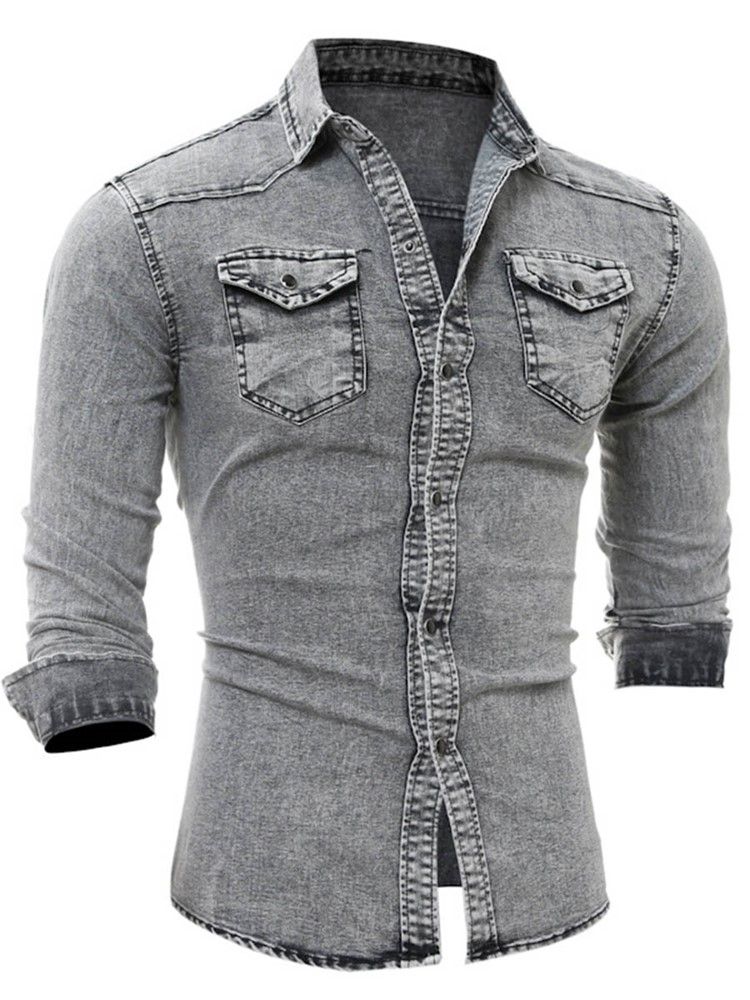 Långärmad Pocket Denim Slim Herrskjorta