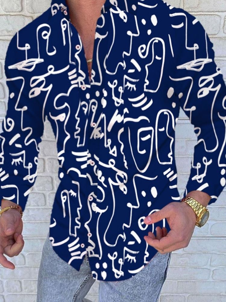 Lapel Button Print Color Block Slim Herrskjorta