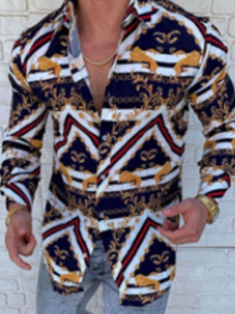 Lapel Button Print Color Block Slim Herrskjorta