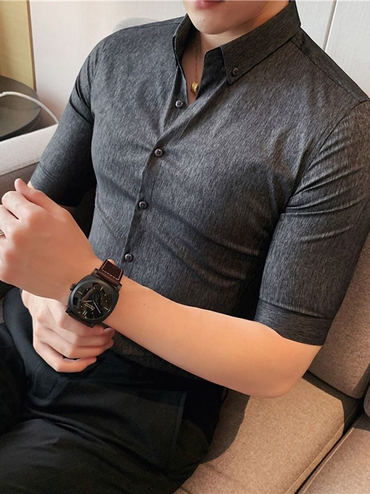 Lapel Button Vanlig Slimmad Enkelknäppt Herrskjorta