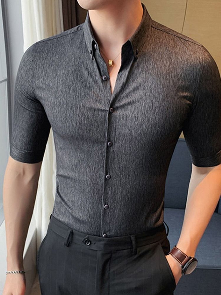 Lapel Button Vanlig Slimmad Enkelknäppt Herrskjorta