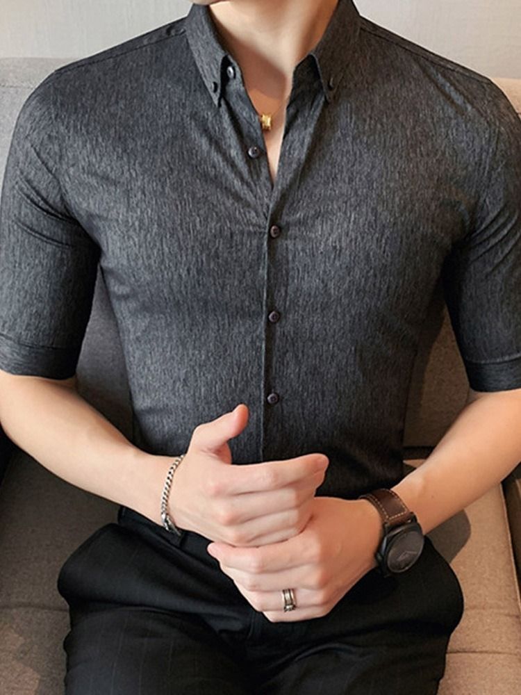 Lapel Button Vanlig Slimmad Enkelknäppt Herrskjorta