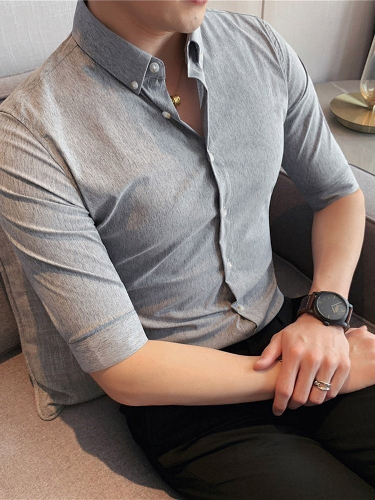 Lapel Button Vanlig Slimmad Enkelknäppt Herrskjorta