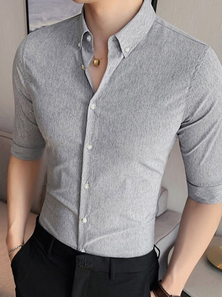 Lapel Button Vanlig Slimmad Enkelknäppt Herrskjorta