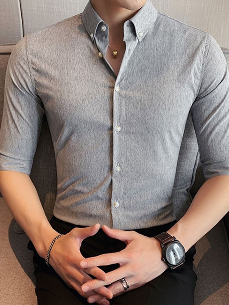 Lapel Button Vanlig Slimmad Enkelknäppt Herrskjorta