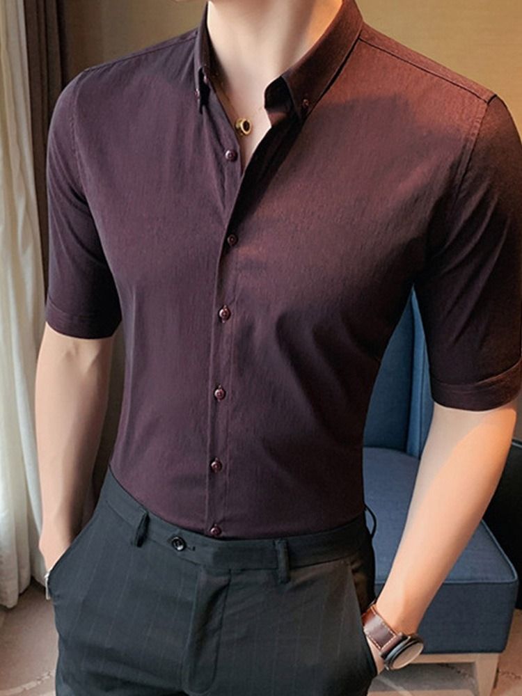 Lapel Button Vanlig Slimmad Enkelknäppt Herrskjorta