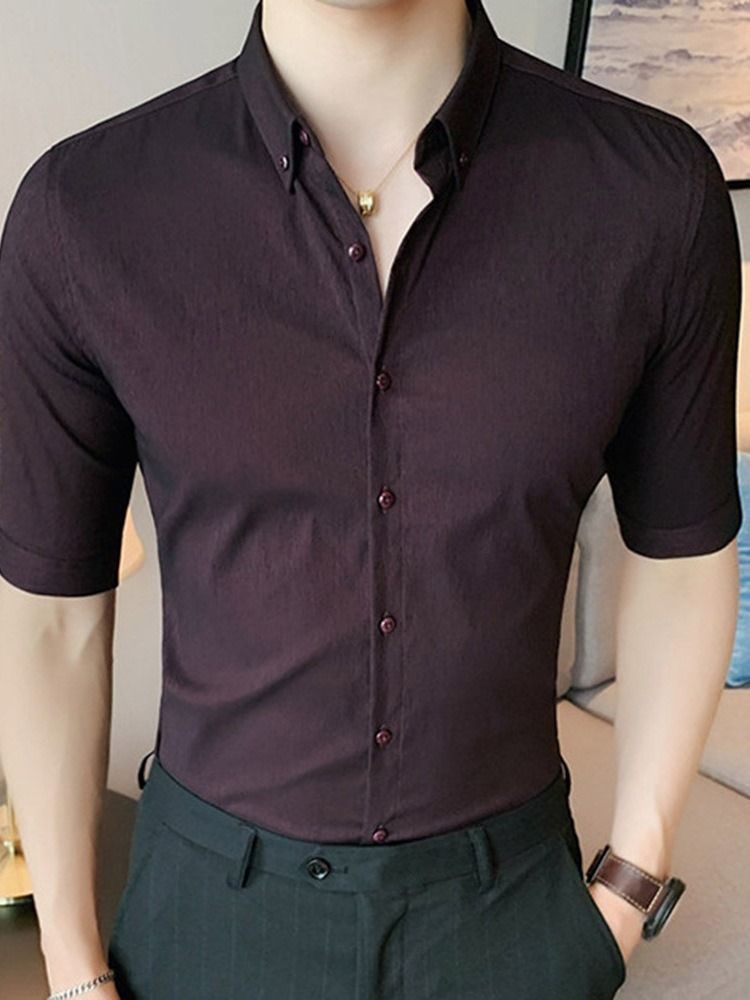 Lapel Button Vanlig Slimmad Enkelknäppt Herrskjorta