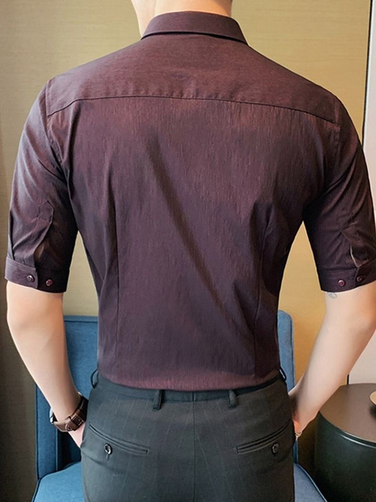 Lapel Button Vanlig Slimmad Enkelknäppt Herrskjorta
