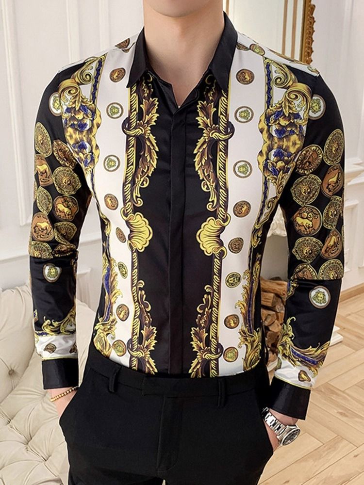 Lapel Cartoon Print Slim Enkelknäppt Herrskjorta