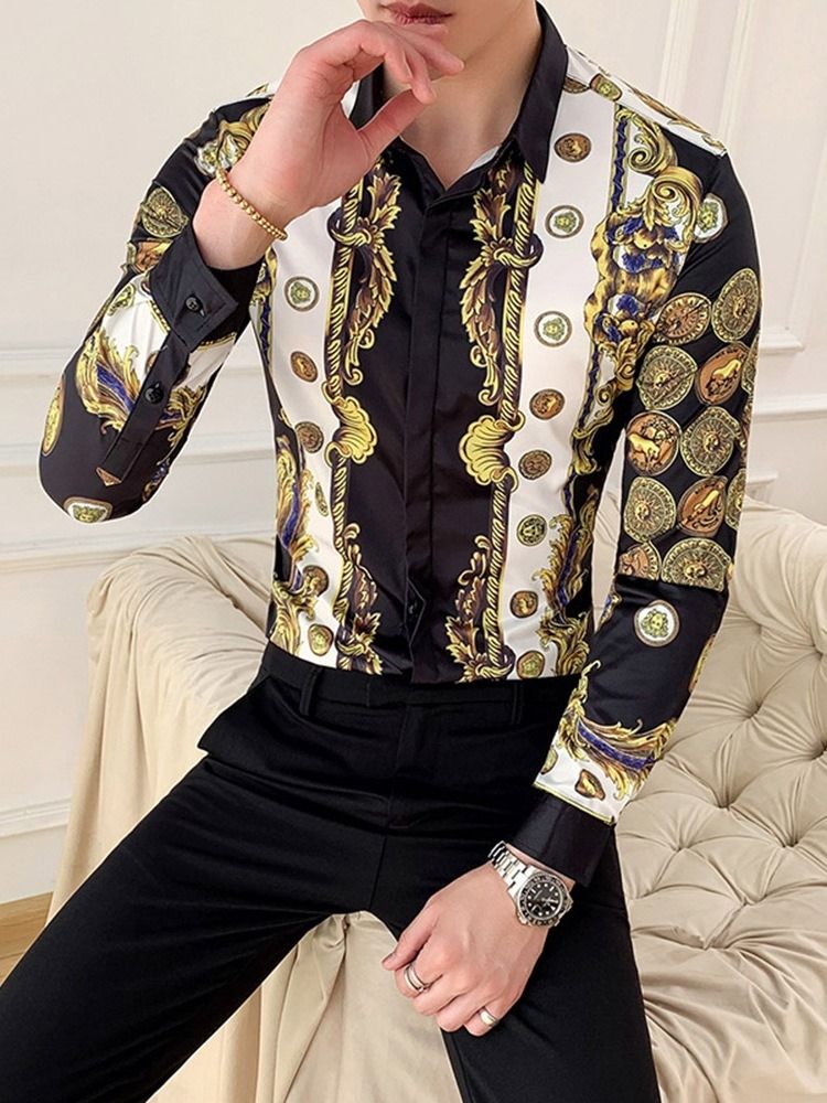Lapel Cartoon Print Slim Enkelknäppt Herrskjorta
